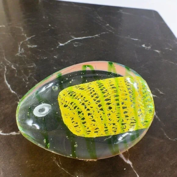 Art Glass Paperweight With Yellow Green Swirls All Over Egg Shaped Paperweight - Picture 2 of 16